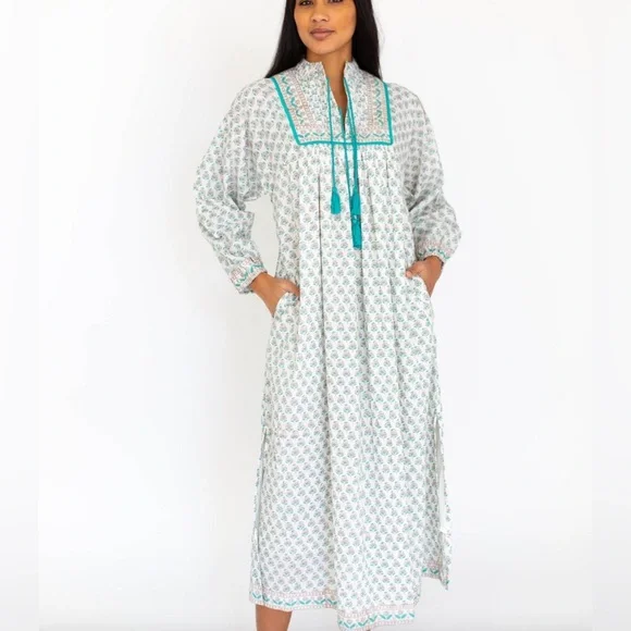Marea Kaftan White Teal Grey Multi XS NWT - Picture 2 of 6
